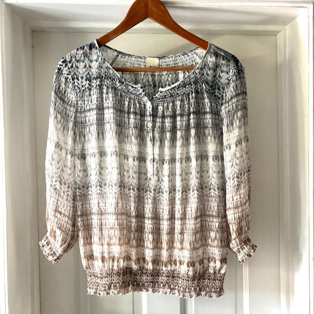 ecru Silk Blouse Ombre Smocked Button Front Size S